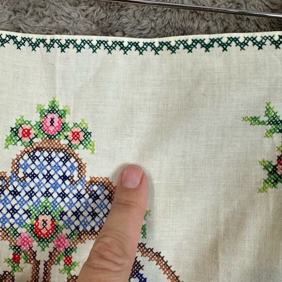 Vintage Cross Stitch Rectangle Table Runner Cover White Blue PInk Floral - Picture 6 of 7